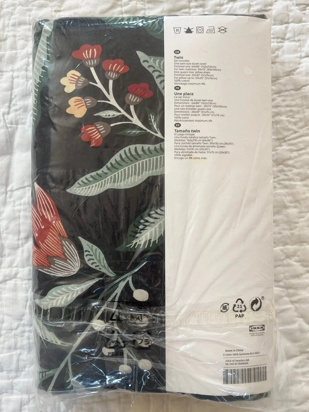 NEW IKEA SAMMETSBLAD Twin Duvet Cover Sham Black Floral Green Red 100% Cotton